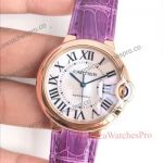 Cartier Ballon Bleu De 36mm Rose Gold Purple Leather Strap Copy Watch